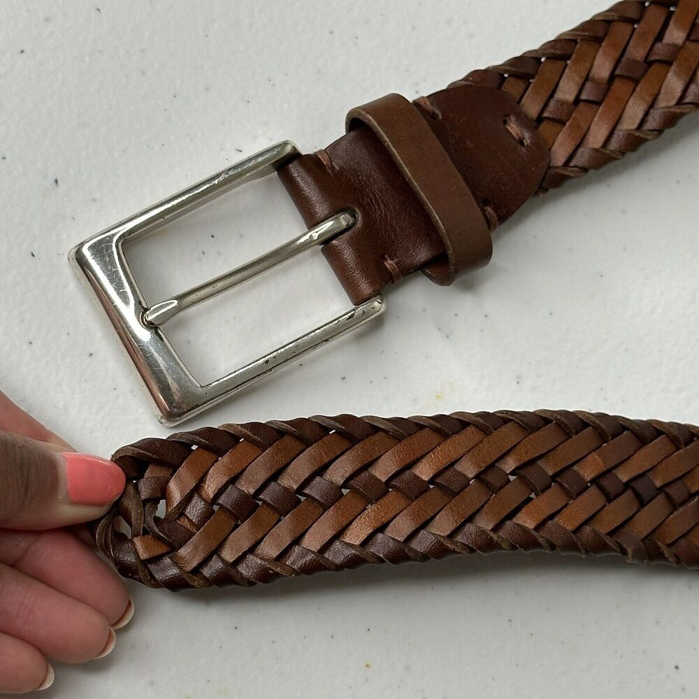 John W Nordstrom Dress Belt Mens 38 Brown Woven Leather Silver Brass Buckle - Picture 8 of 8